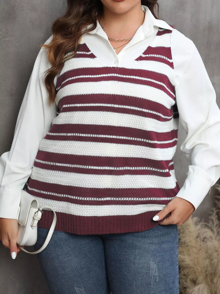 Wine Red Plus size striped V-neck knit sweater vest