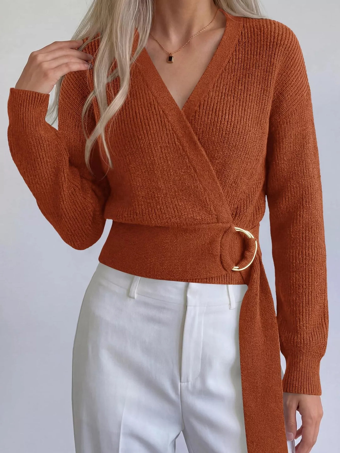 Ribbed knit wrap sweater with gold O-ring belt tie
