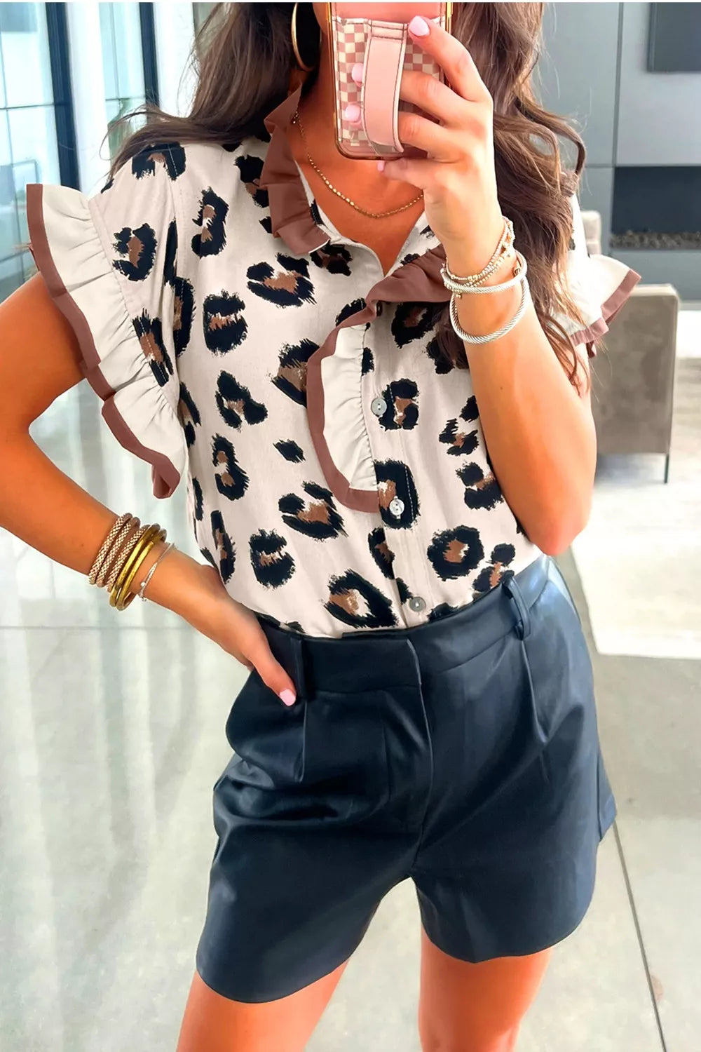 Khaki Leopard print ruffle sleeve button-front blouse