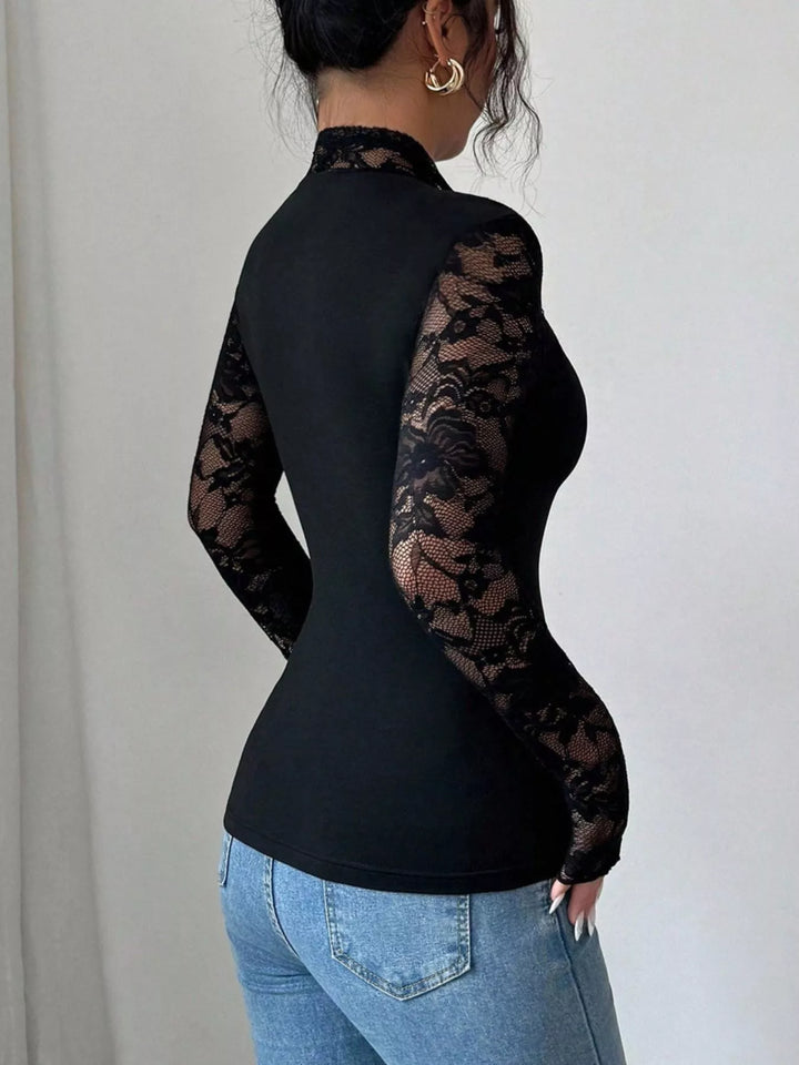 Sheer floral lace sleeve fitted top with sweetheart neckline