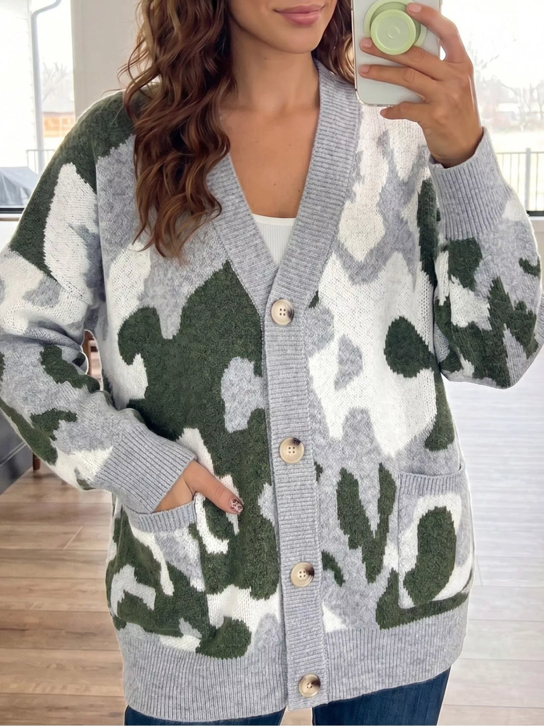 Dark Green Camo knit drop shoulder cardigan with button front and pockets