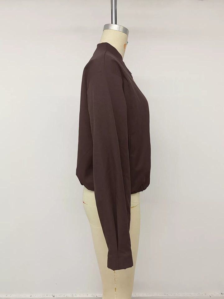 Dropped shoulder zip-up bomber jacket with band collar