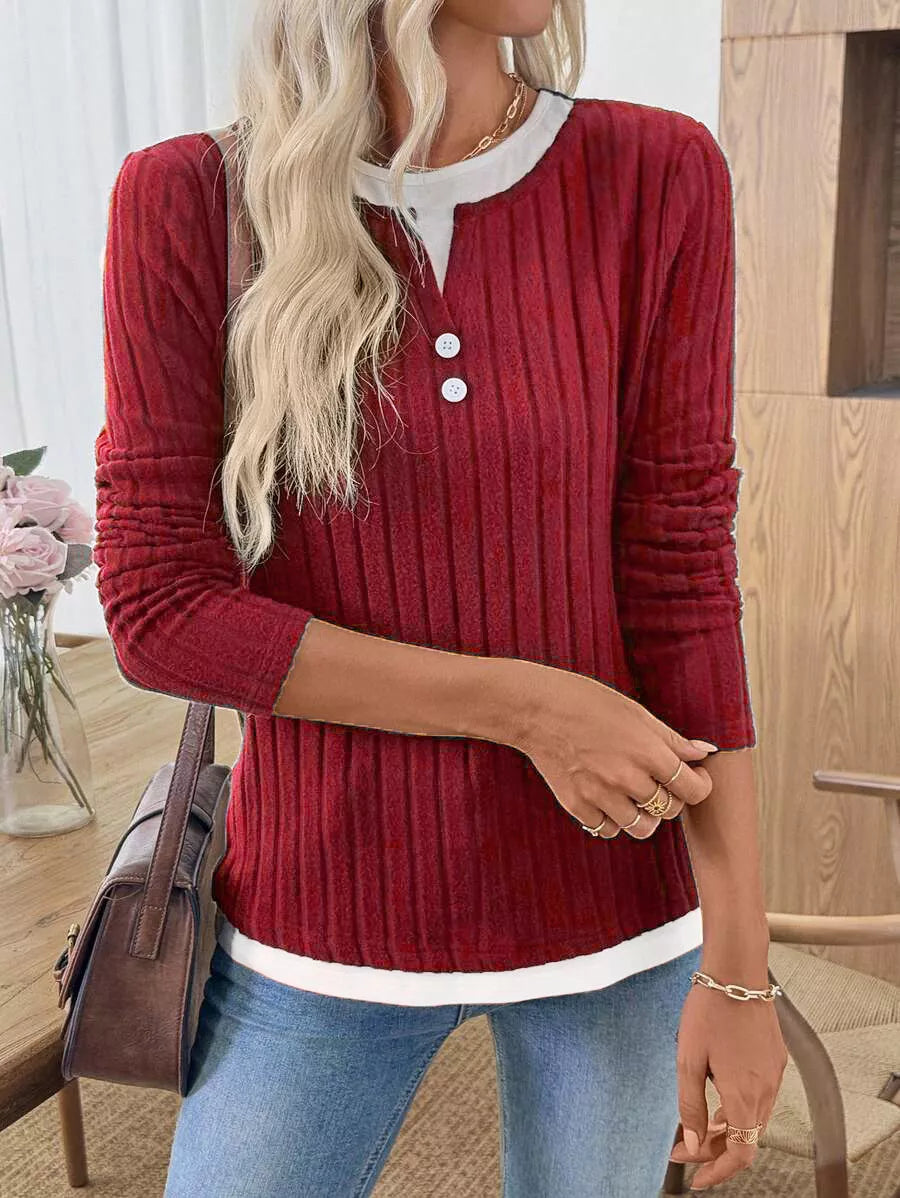 Ribbed knit long sleeve henley with contrast trim