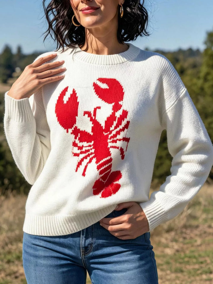 Lobster intarsia knit crew neck sweater with ribbed trim