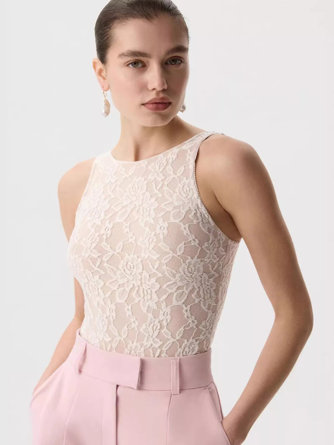 Sheer floral lace round neck long sleeve top