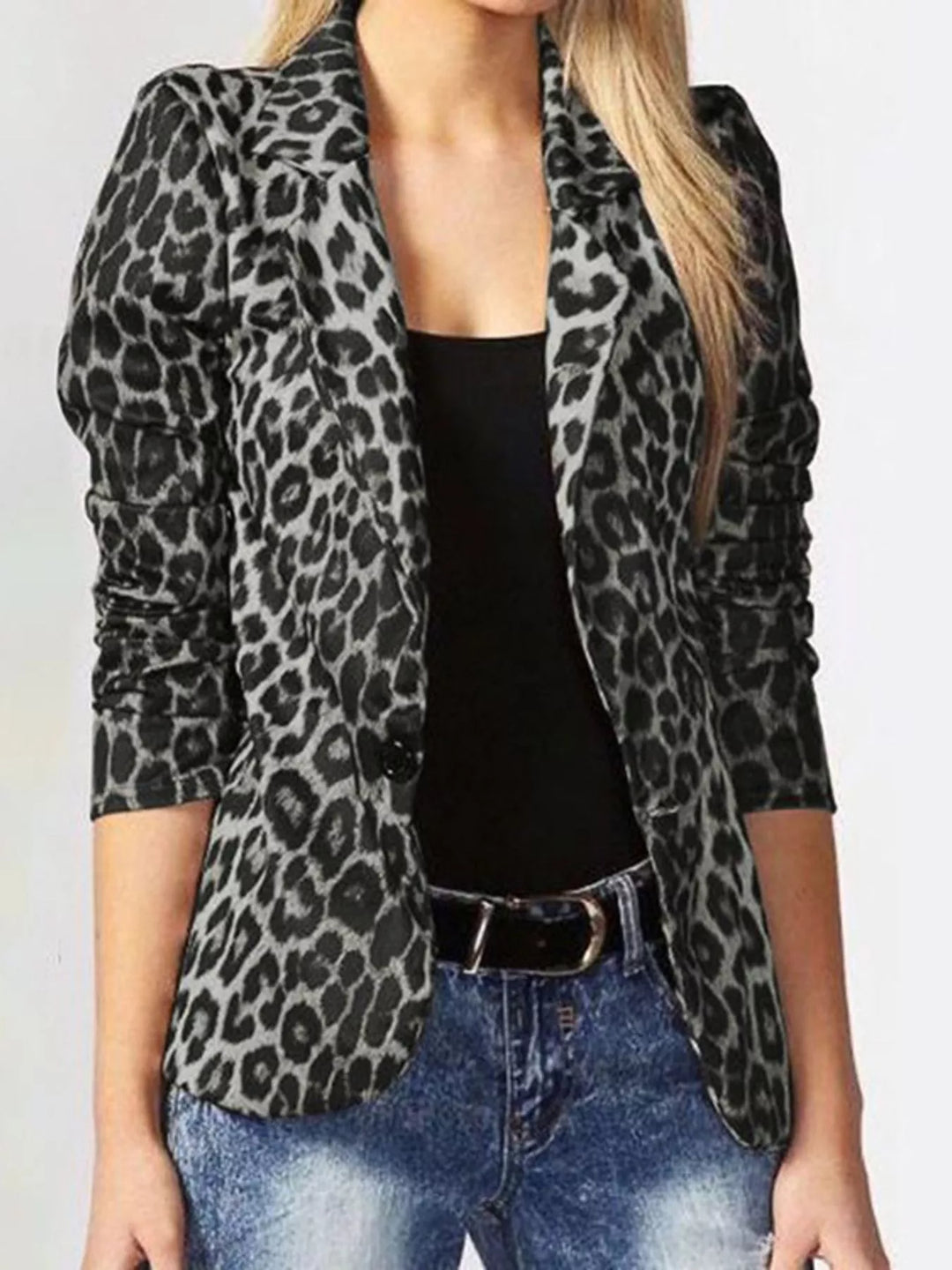 Gray Leopard Print One Button Blazer