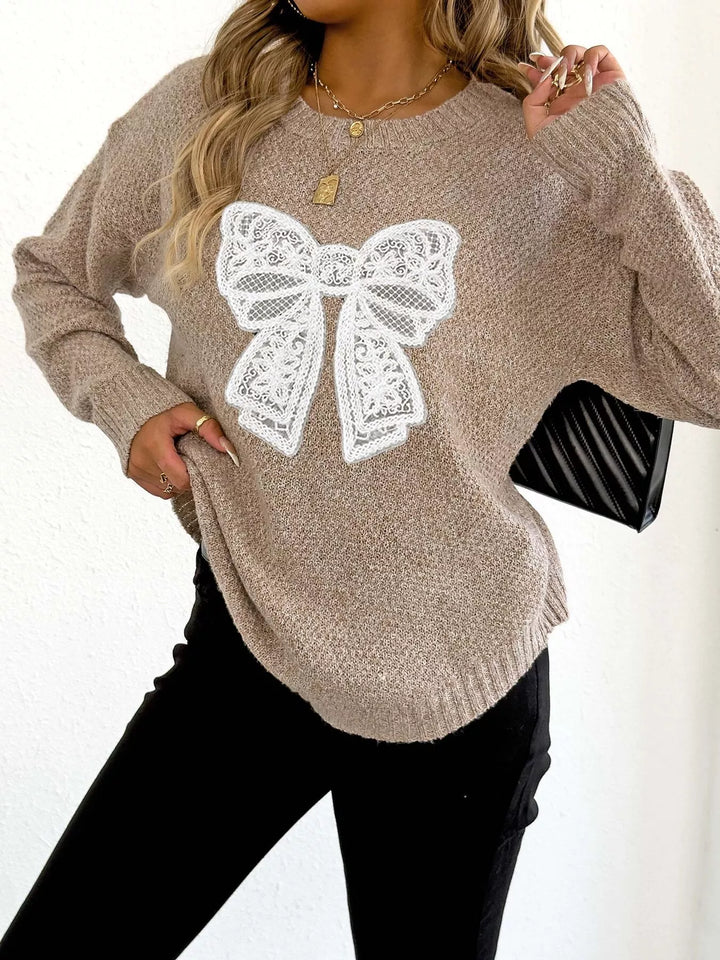 Lace bow applique crew neck knit sweater