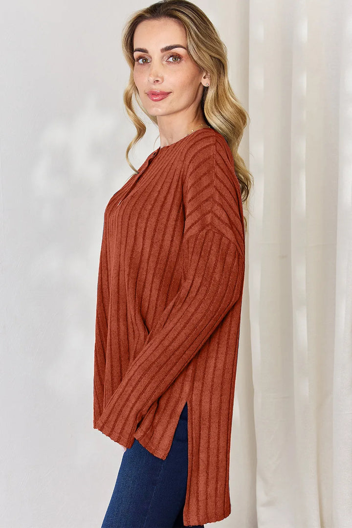 Ribbed knit half-button long sleeve high-low top
