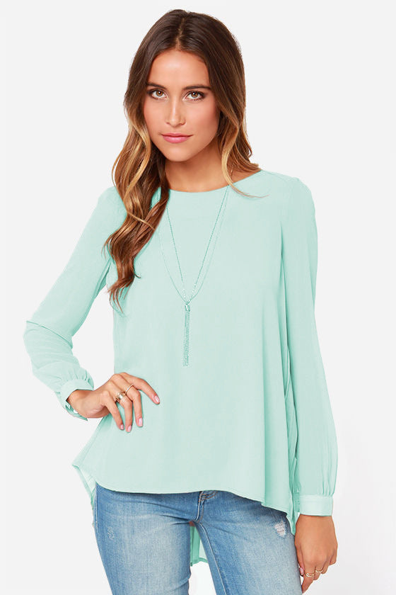 Light Green Back-pleated long sleeve blouse with buttoned cuffs