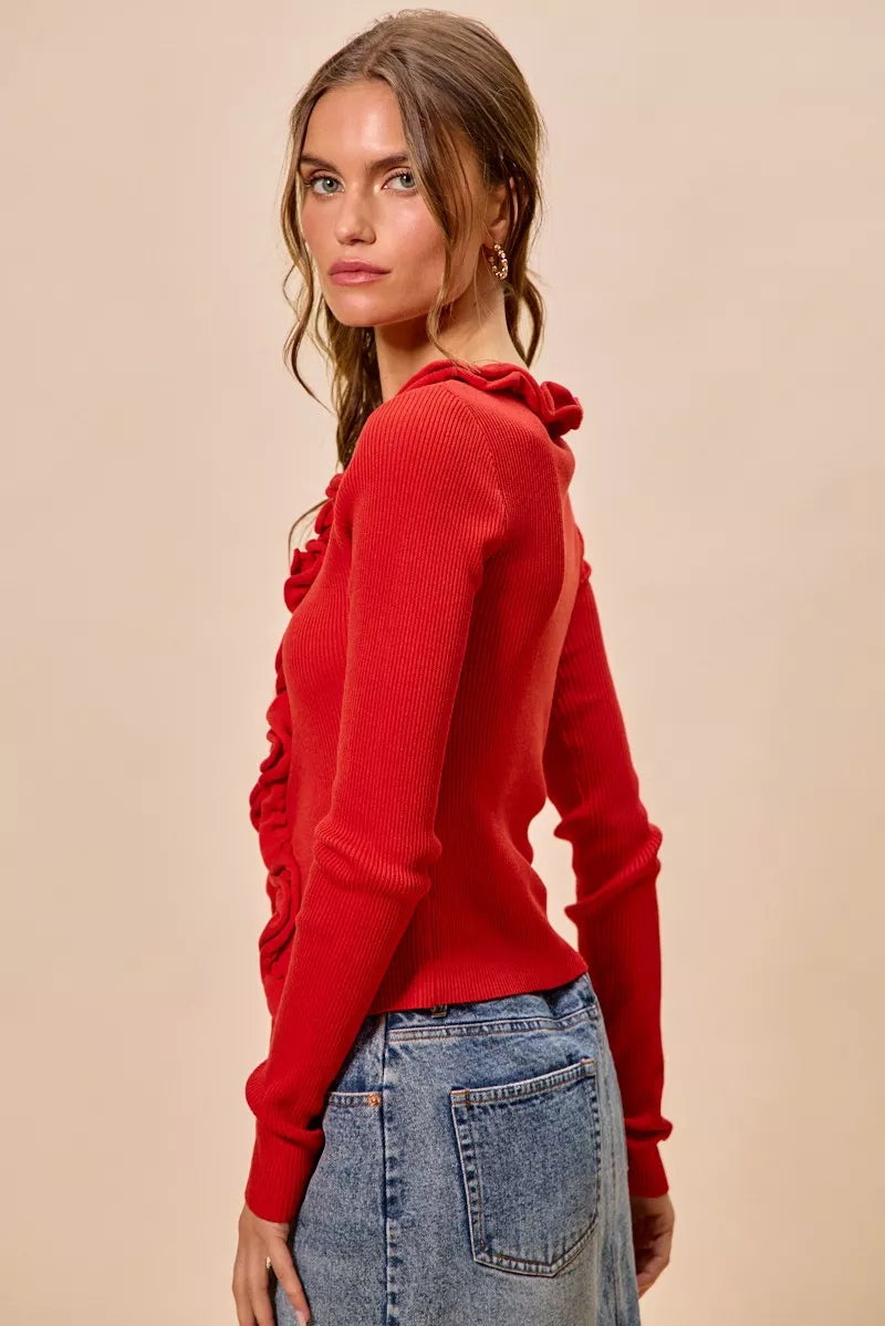 Ribbed knit cardigan with cascade ruffle trim