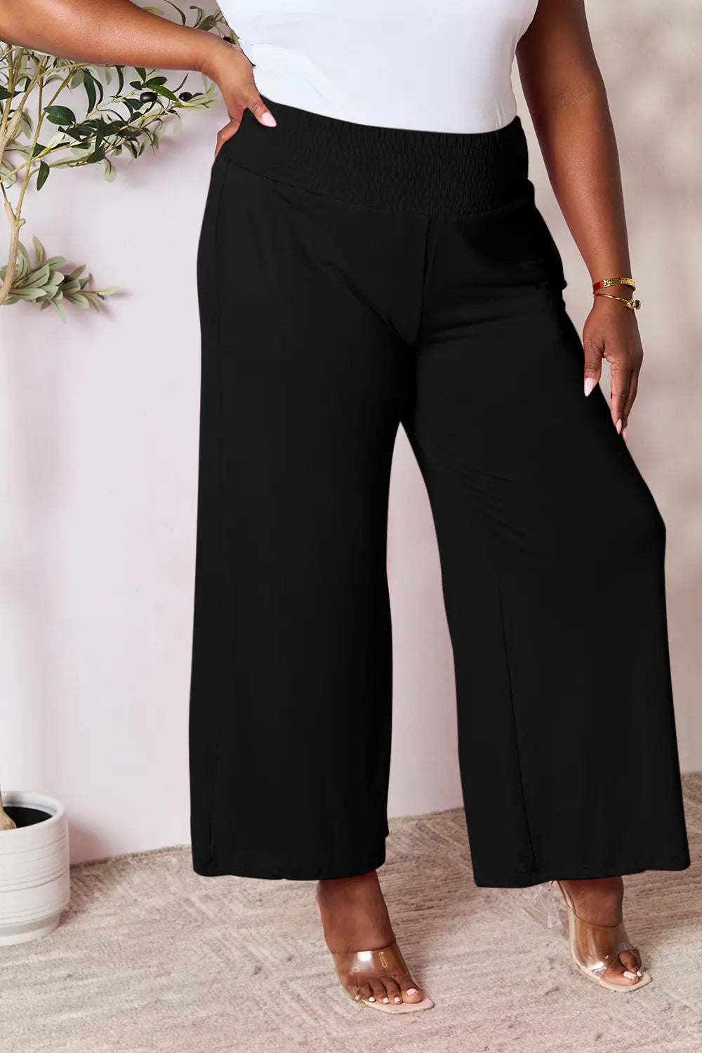 Smocked wide-waistband wide-leg jersey pants with pockets