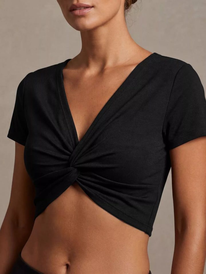 Short-sleeve twist-front deep V-neck crop top