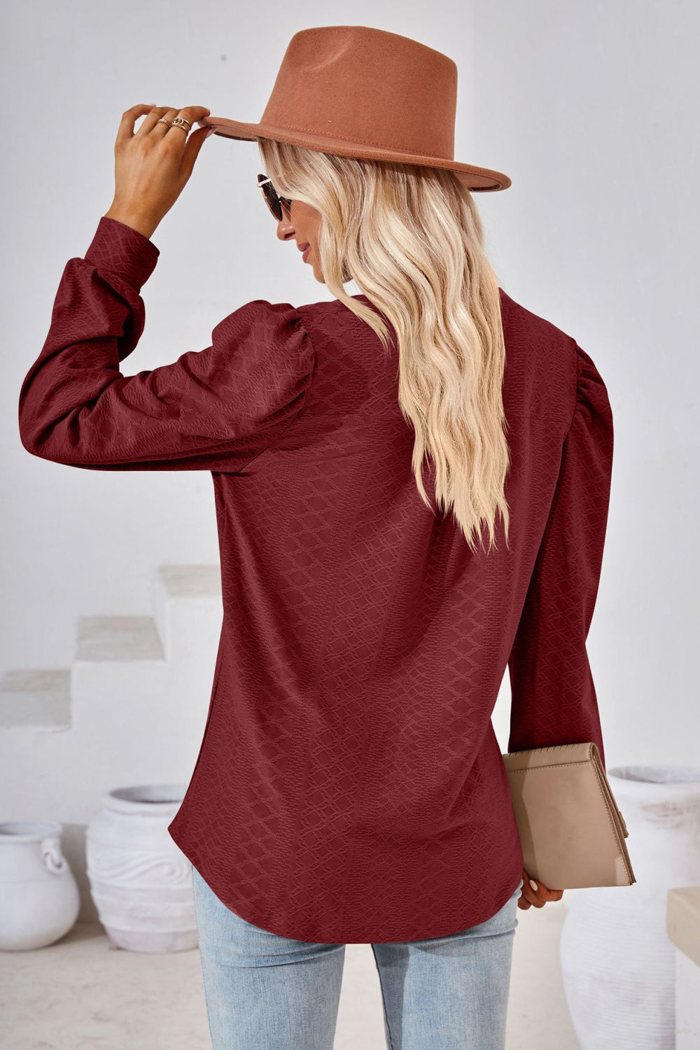 Textured knit split-neck puff sleeve blouse
