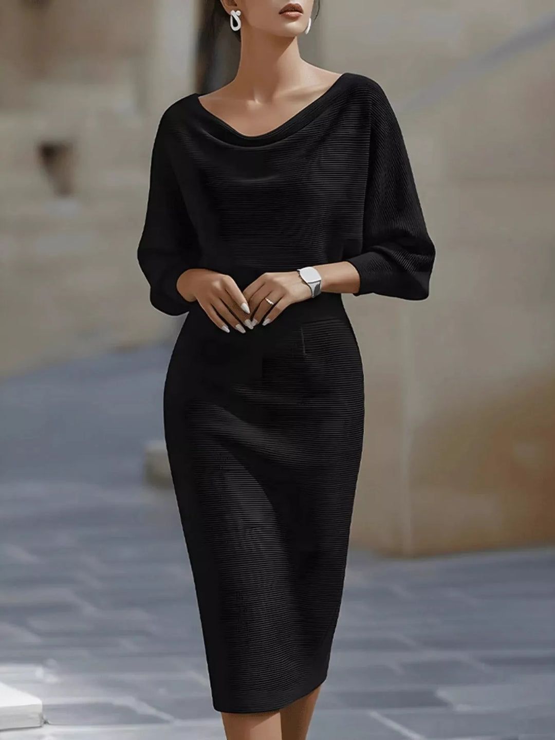 Black Cowl neck batwing ribbed knit bodycon midi dress