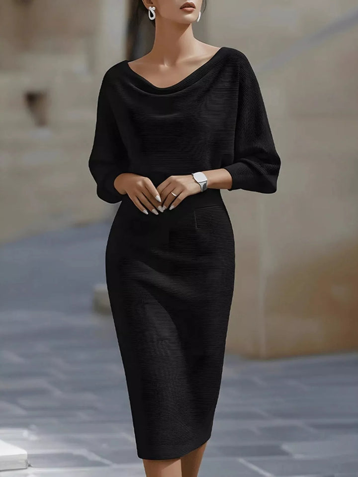 Black Cowl neck batwing ribbed knit bodycon midi dress