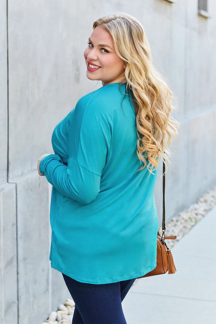 Dropped-shoulder round neck long sleeve knit top