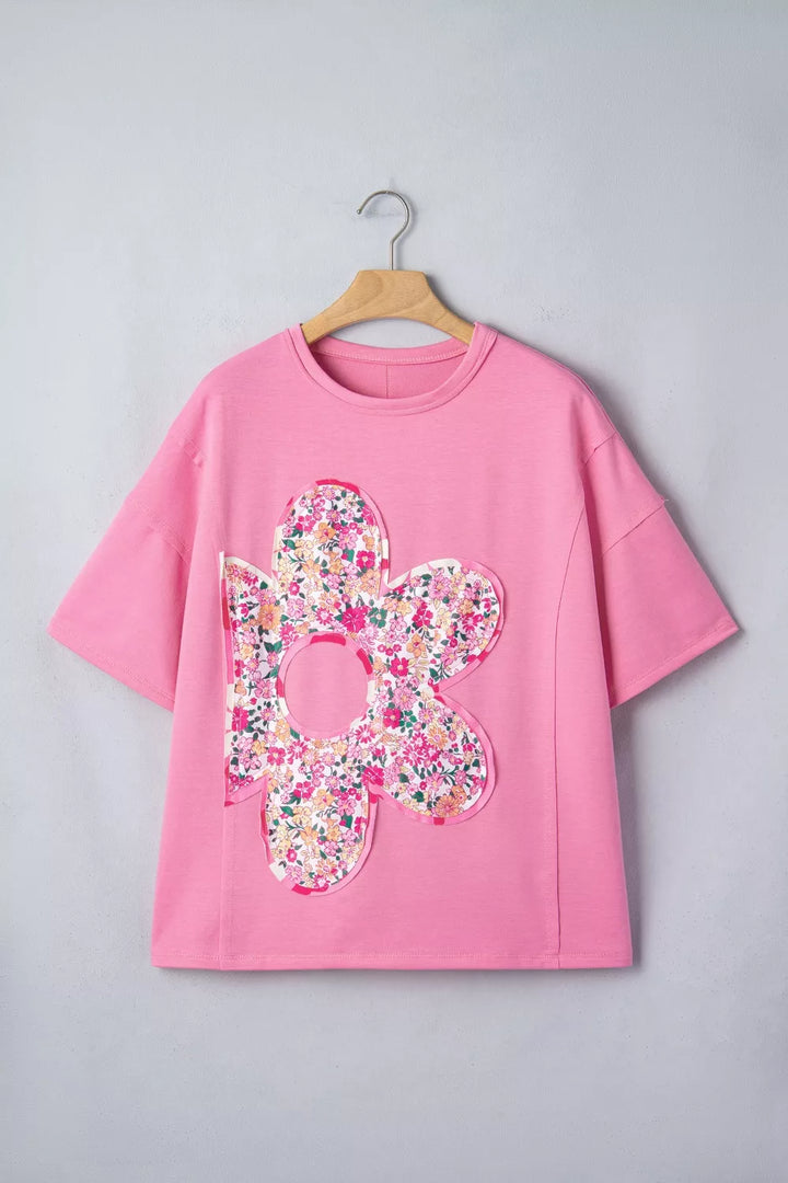 Oversized floral patch crew neck tunic tee