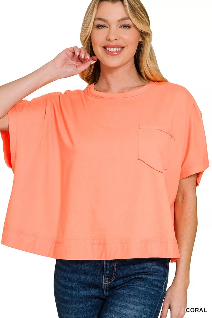 Exposed seam boxy crop tee with chest pocket