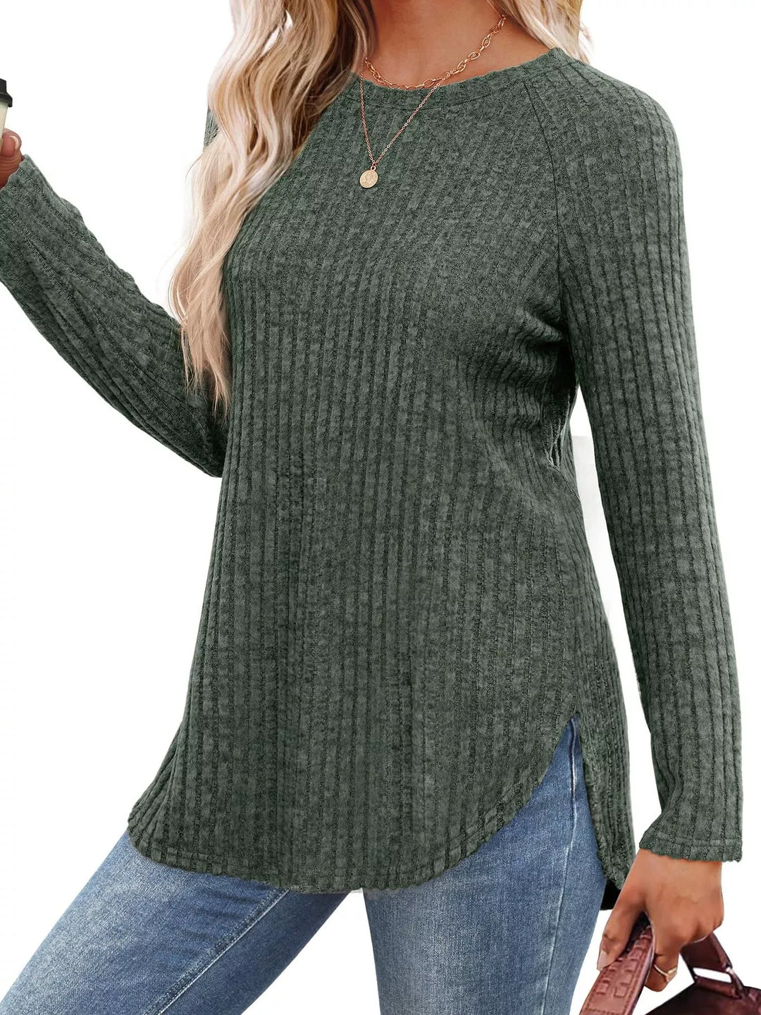 Ribbed knit crew neck long sleeve top with curved hem
