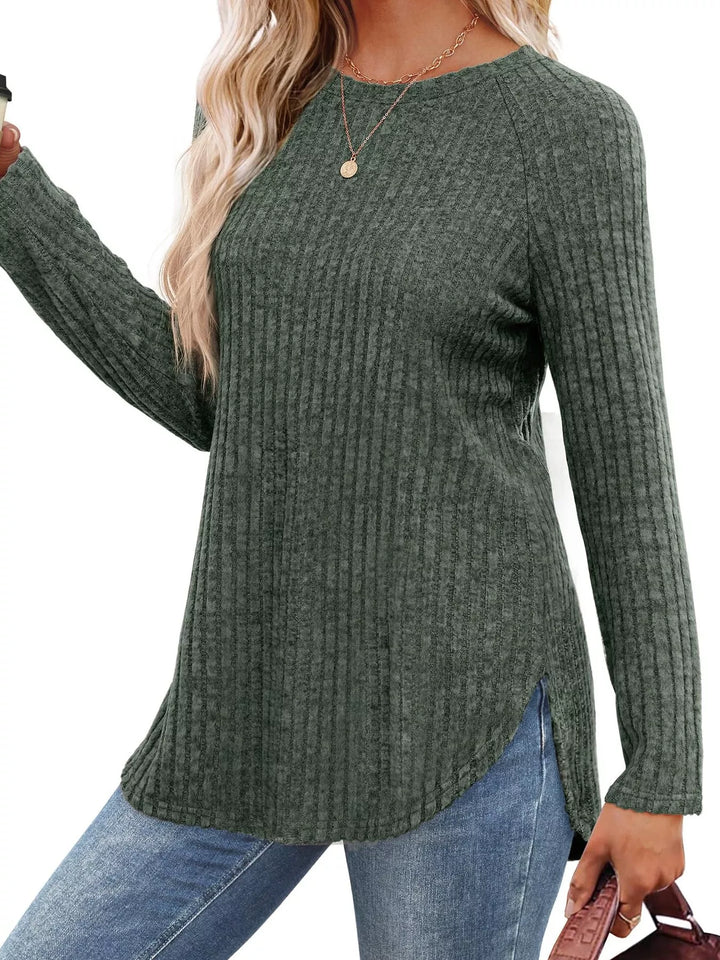Ribbed knit crew neck long sleeve top with curved hem