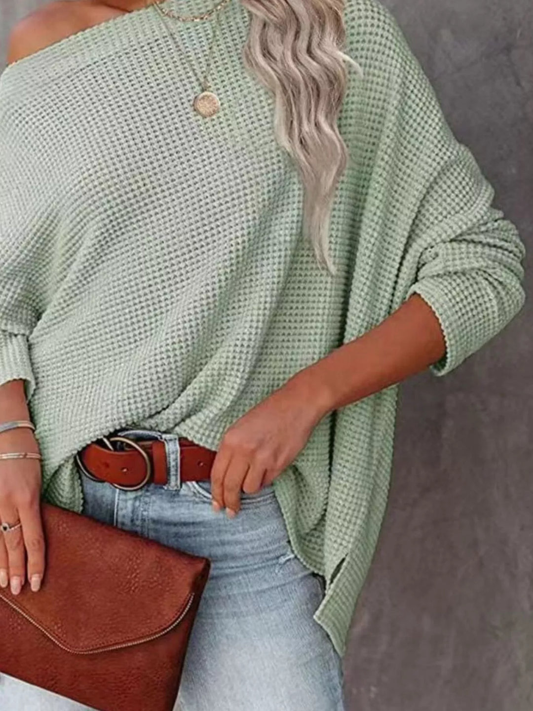 Oversized waffle knit boat neck top with dolman sleeves
