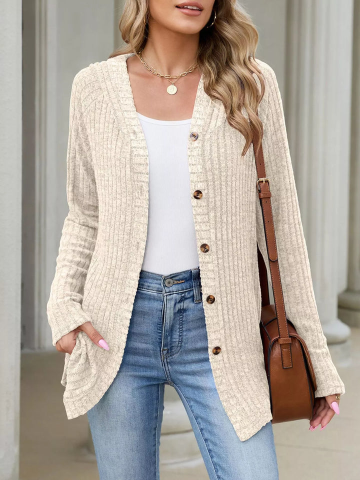 Ribbed knit hooded cardigan with tortoise buttons