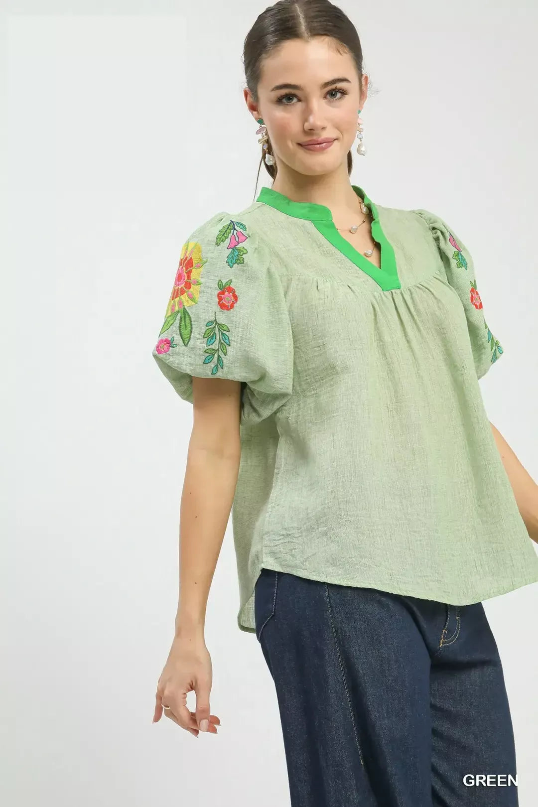 Floral embroidered puff sleeve top with split V-neck