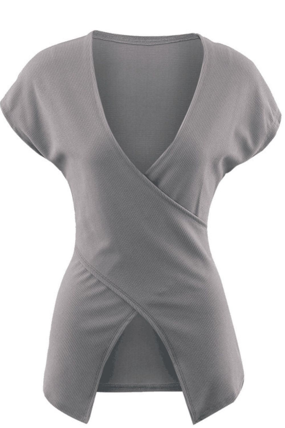 Ribbed surplice-neck top with side slit and cap sleeves