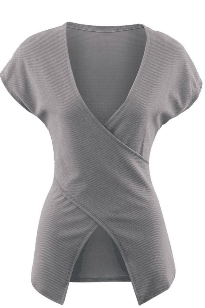 Ribbed surplice-neck top with side slit and cap sleeves