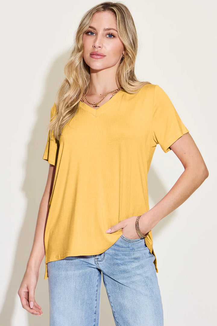 Yellow V-neck high-low bamboo tee with side slits