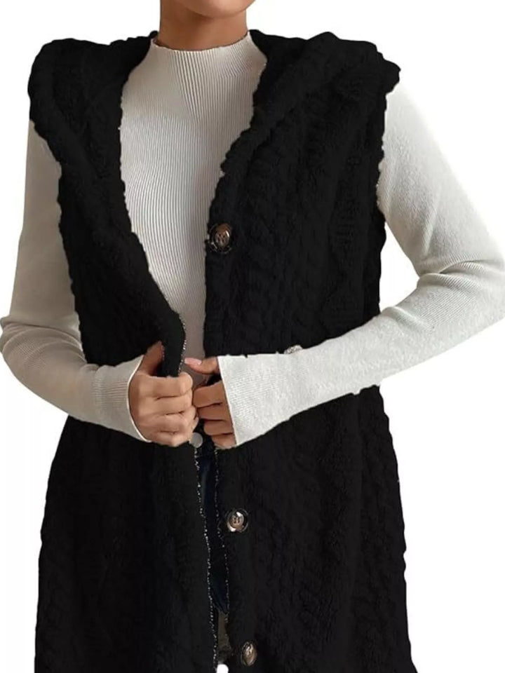 Textured sherpa hooded vest with button front
