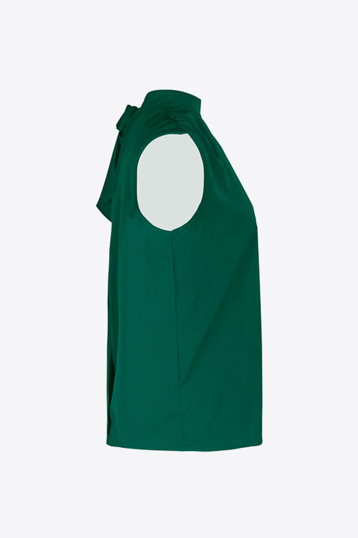 Tie-back mock neck sleeveless blouse