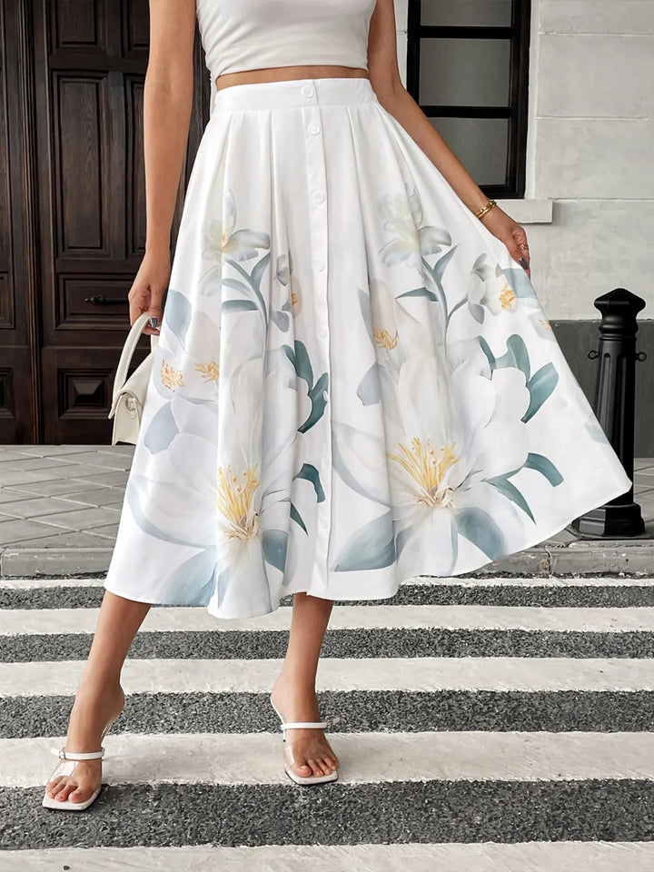 White Floral print button-front A-line midi skirt