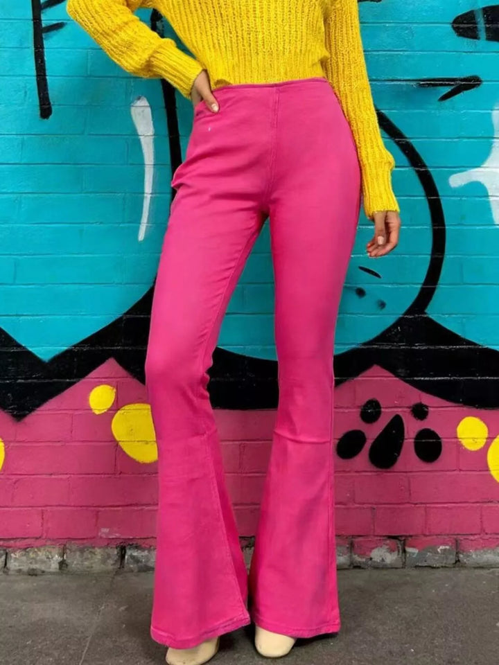 Fuchsia Pink High-rise flare jeans with faded whiskering