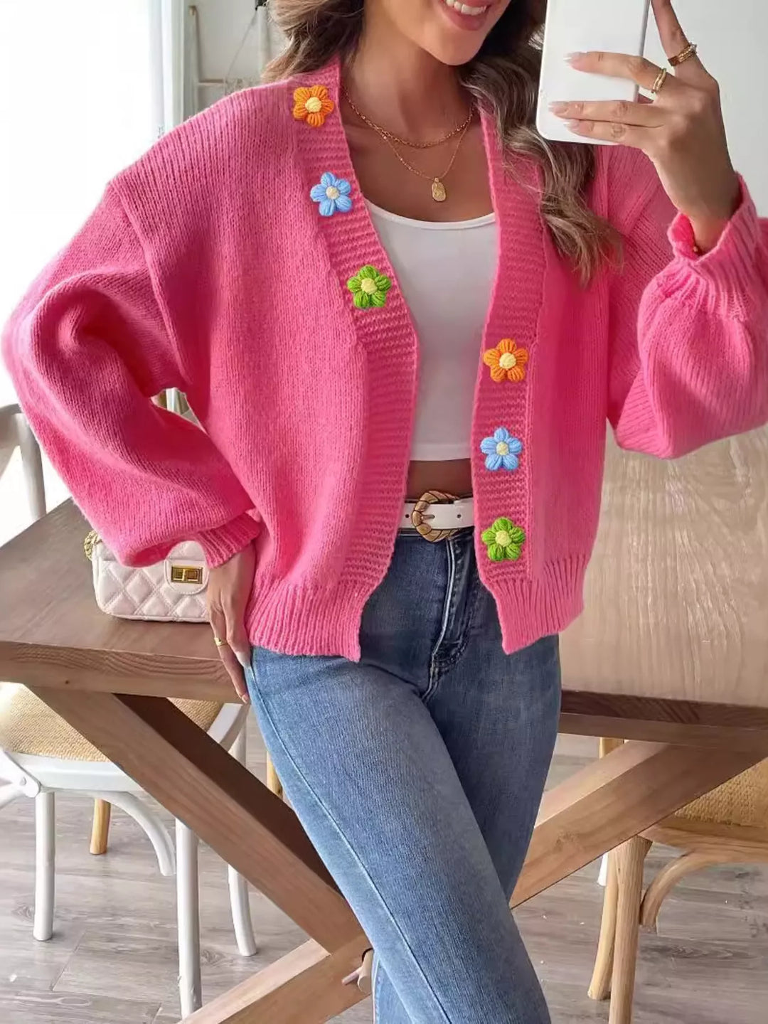 Floral applique open front knit cardigan with ribbed trim