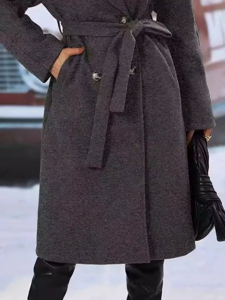 Double-breasted belted longline overcoat with lapel collar