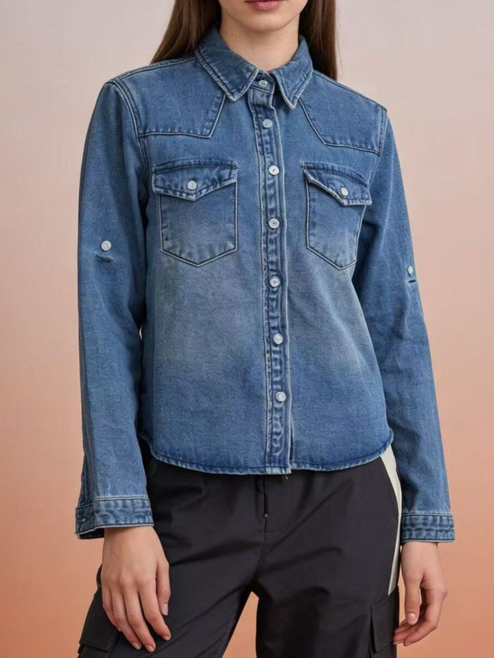 Blue Western button-down denim shirt with flap pockets