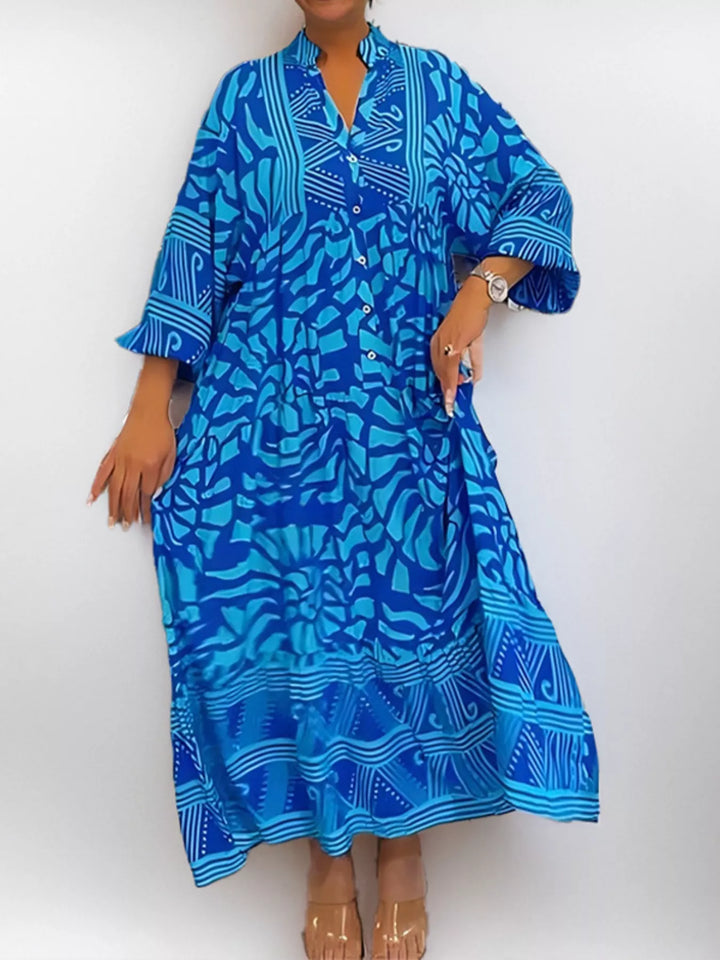 Sky Blue Abstract print button-front tiered midi dress