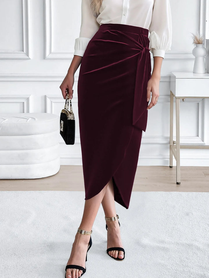 Stretch velvet midi skirt with side tie and slit