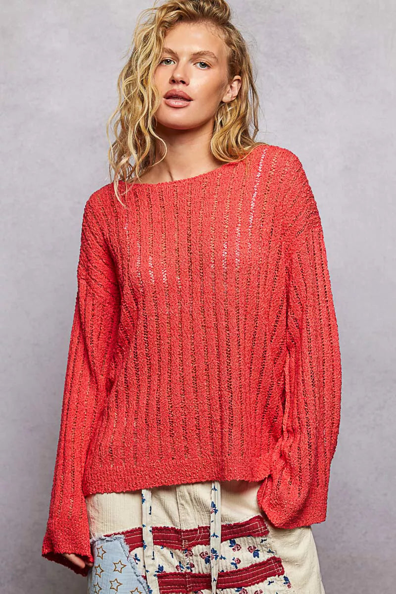 Open-weave knit sweater with relaxed drop-shoulder fit