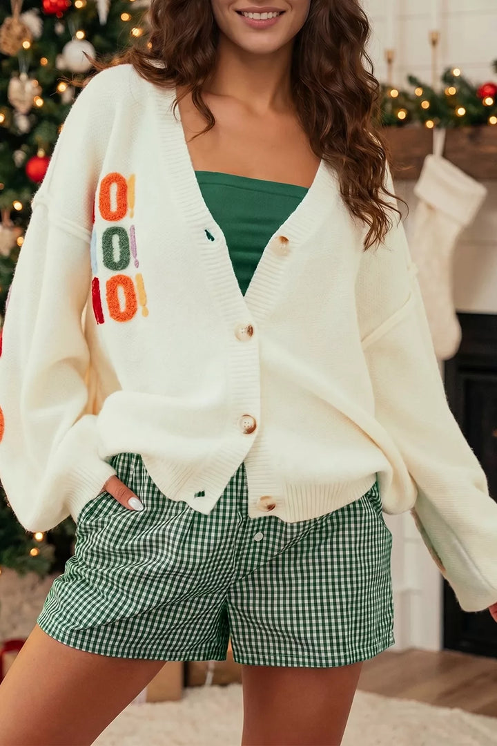 Ho Ho Ho chenille letter button-up knit cardigan