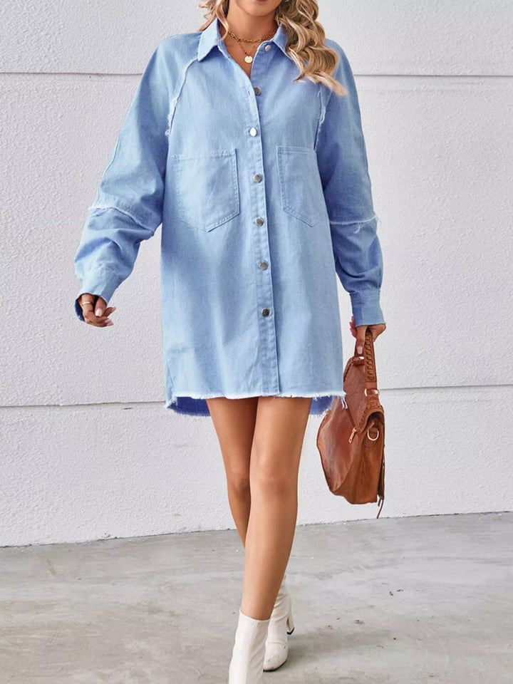 Oversized button-down raw hem denim shirt dress