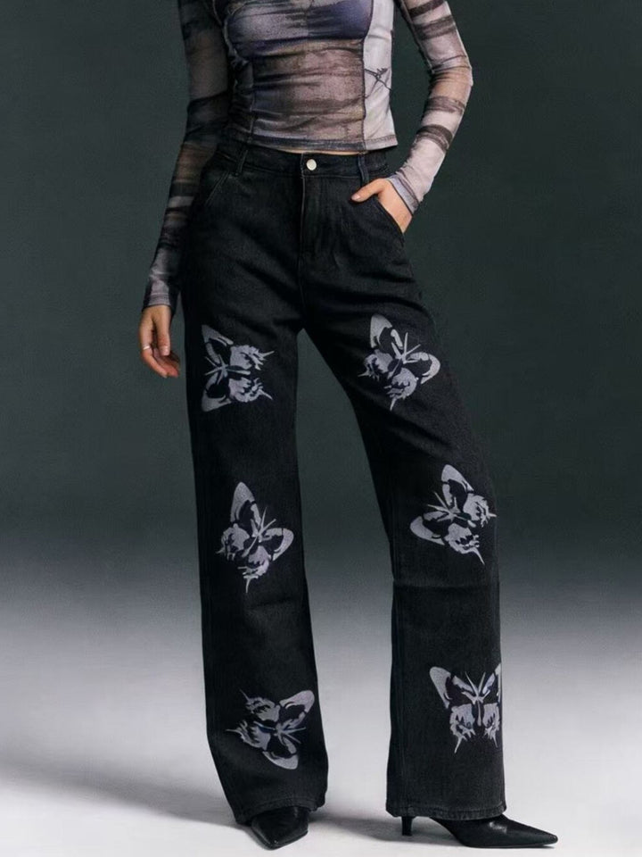 Black Butterfly print high-rise wide leg jeans