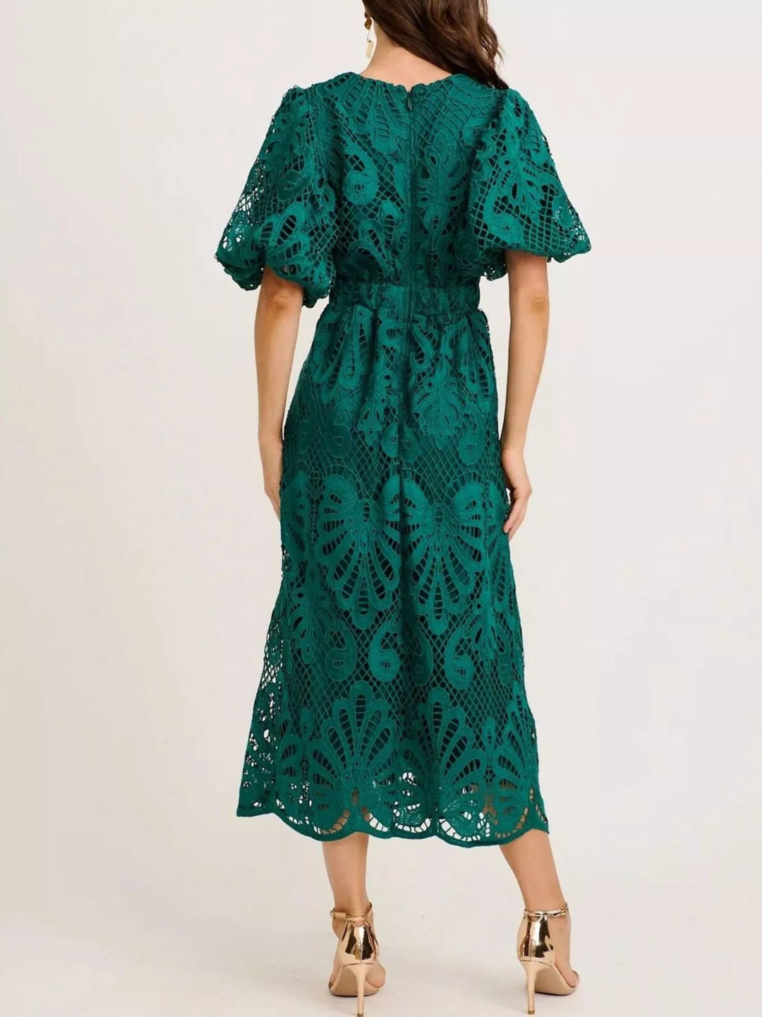 Crochet lace puff sleeve midi dress with scalloped hem
