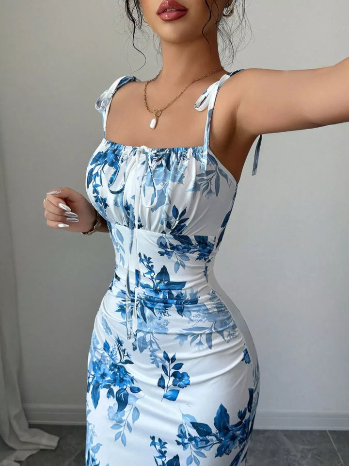 Floral print tie-strap maxi dress with side slit