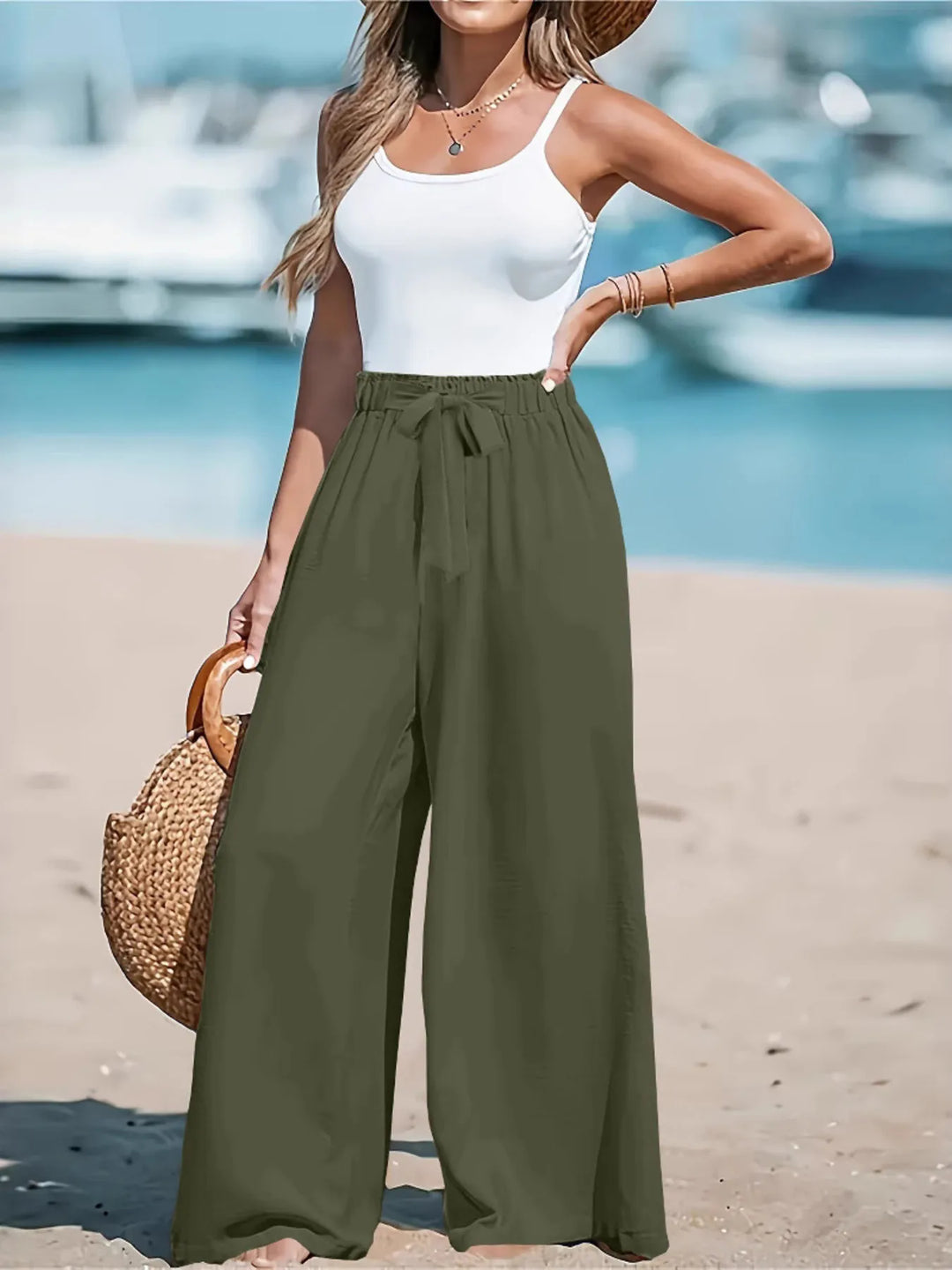 Paper-bag waist wide-leg pants with drawstring tie