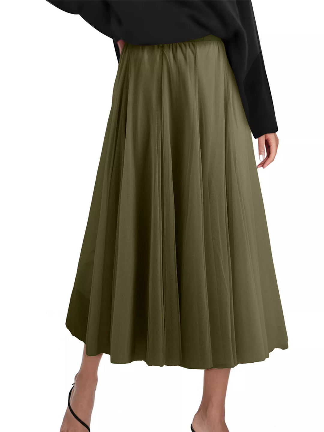 Flowy tulle A-line midi skirt with elastic waistband