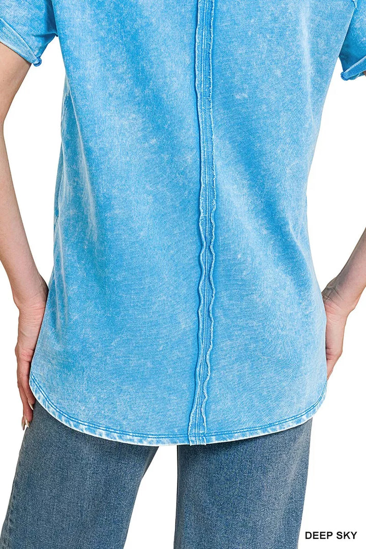 Washed French terry short-sleeve top with curved hem and side slits