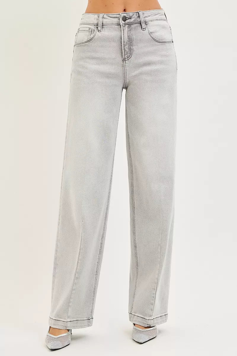 LIGHT GREY High-rise slouchy baggy jeans with contrast stitching