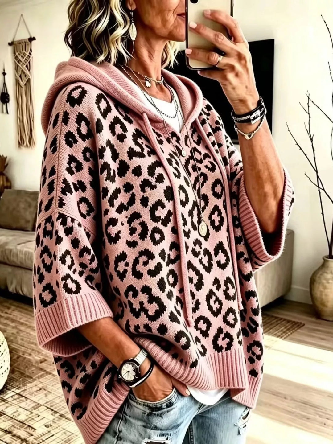Pink Leopard print drawstring hooded sweater with dolman sleeves